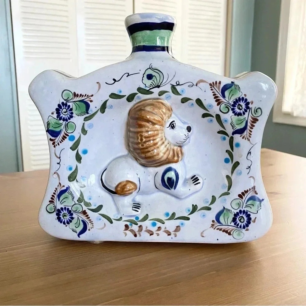Tonala Lion Decanter, Made in Mexico, Handpainted, 7 3/4” Tall